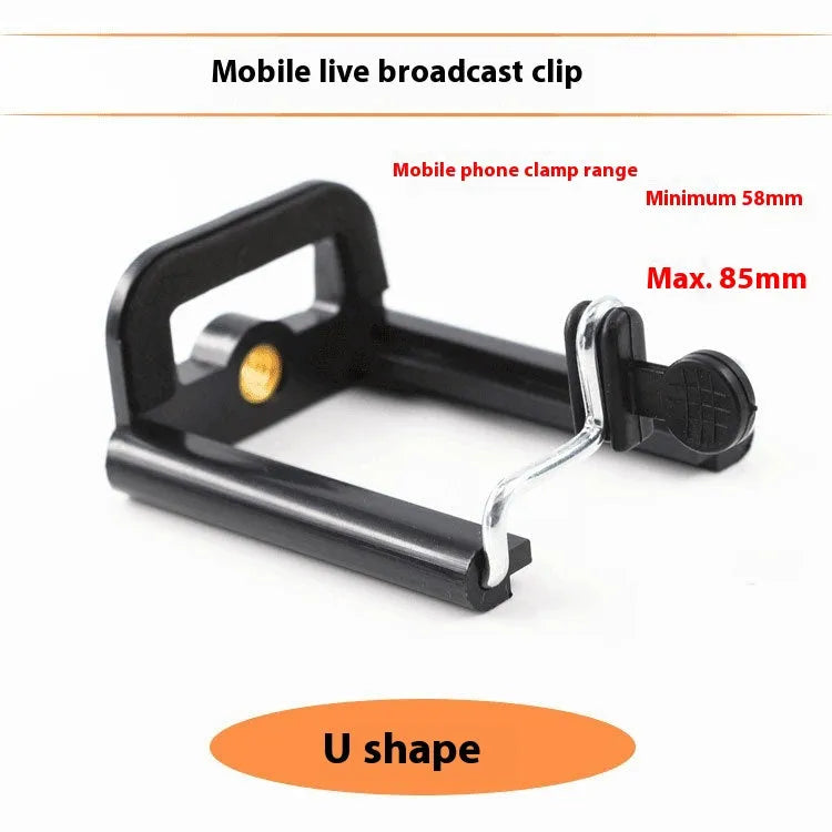Black plastic U-clip mobile phone holder for mounting on tubes and pipes.
