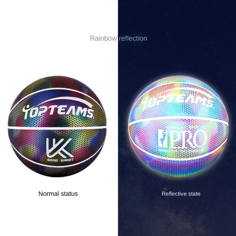 Holographic luminous reflective basketball size 7 with fluorescent design on PU surface