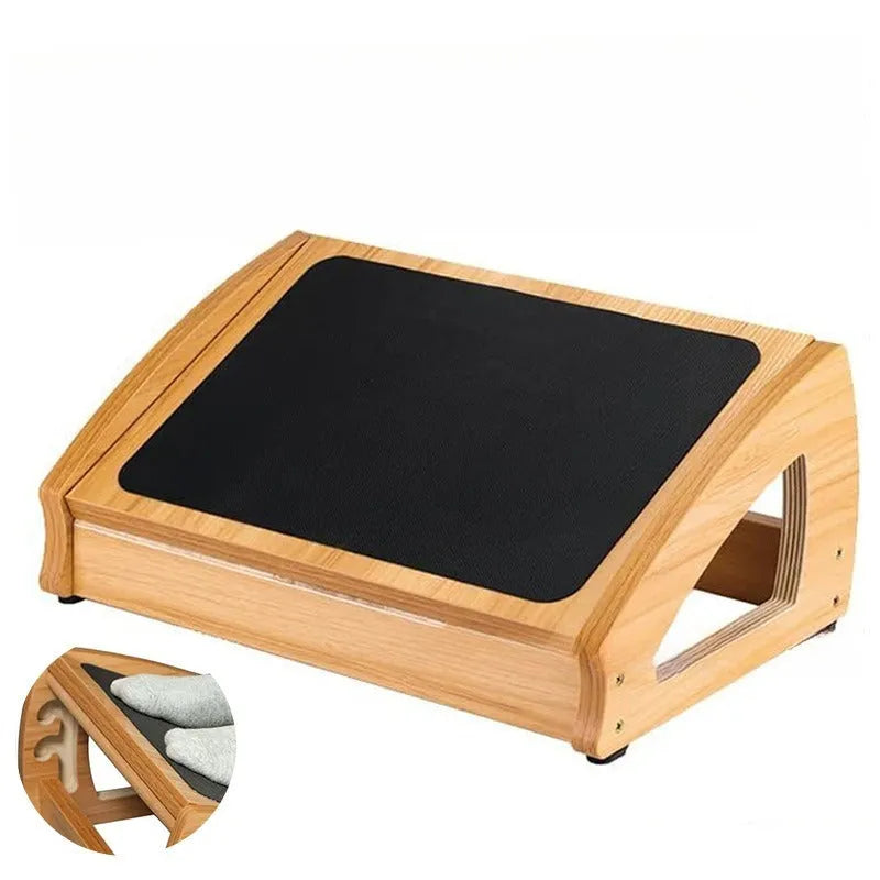 Wood-colour adjustable bamboo office desk footstool in a modern simplicity design.