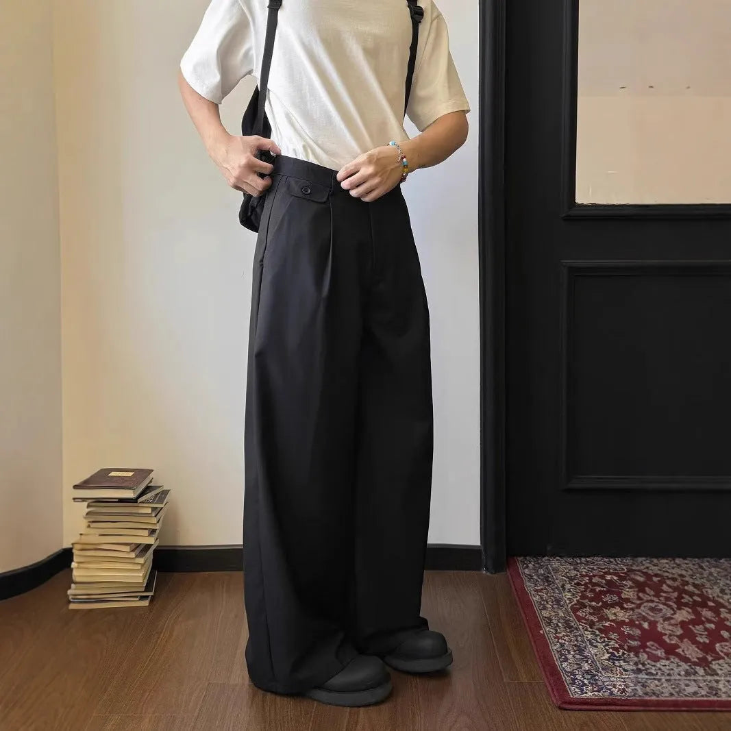 Men's solid colour drape casual trousers with straight-leg loose fit in polyester blend fabric