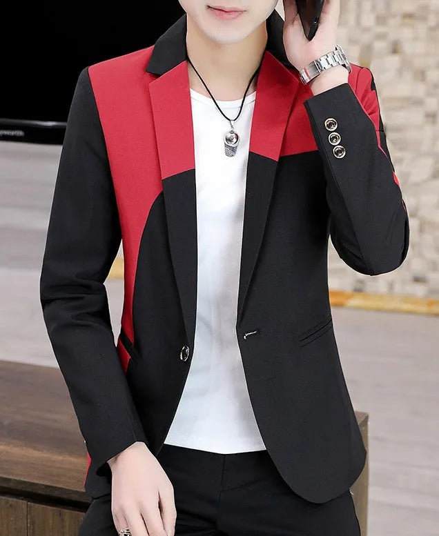 Black and red polyester single-breasted blazer for men, suit coat, full front view