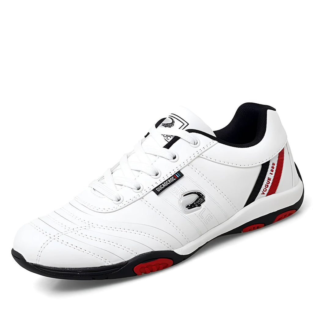 Men's casual sneakers with white space leather upper, round toe, and flat heel on a plain background