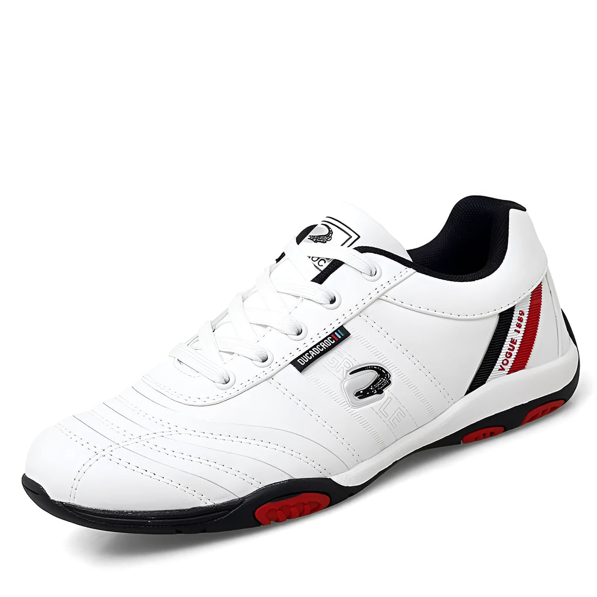 Men's casual sneakers with white space leather upper, round toe, and flat heel on a plain background