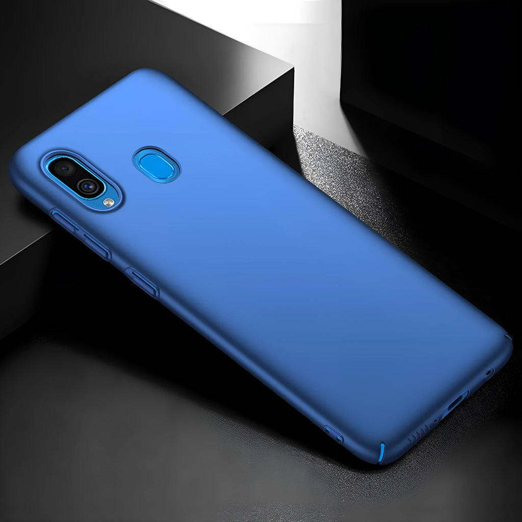 Galaxy A20 frosted PC phone case in Graphite Black shown as back cover