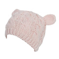 Red hand-knitted wool beanie hat with 3D cat ears on a white background.