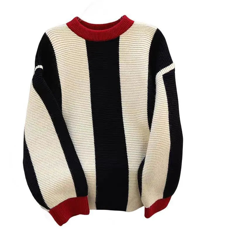 Women's cashmere striped knitted pullover sweater with round neck and contrast colours.