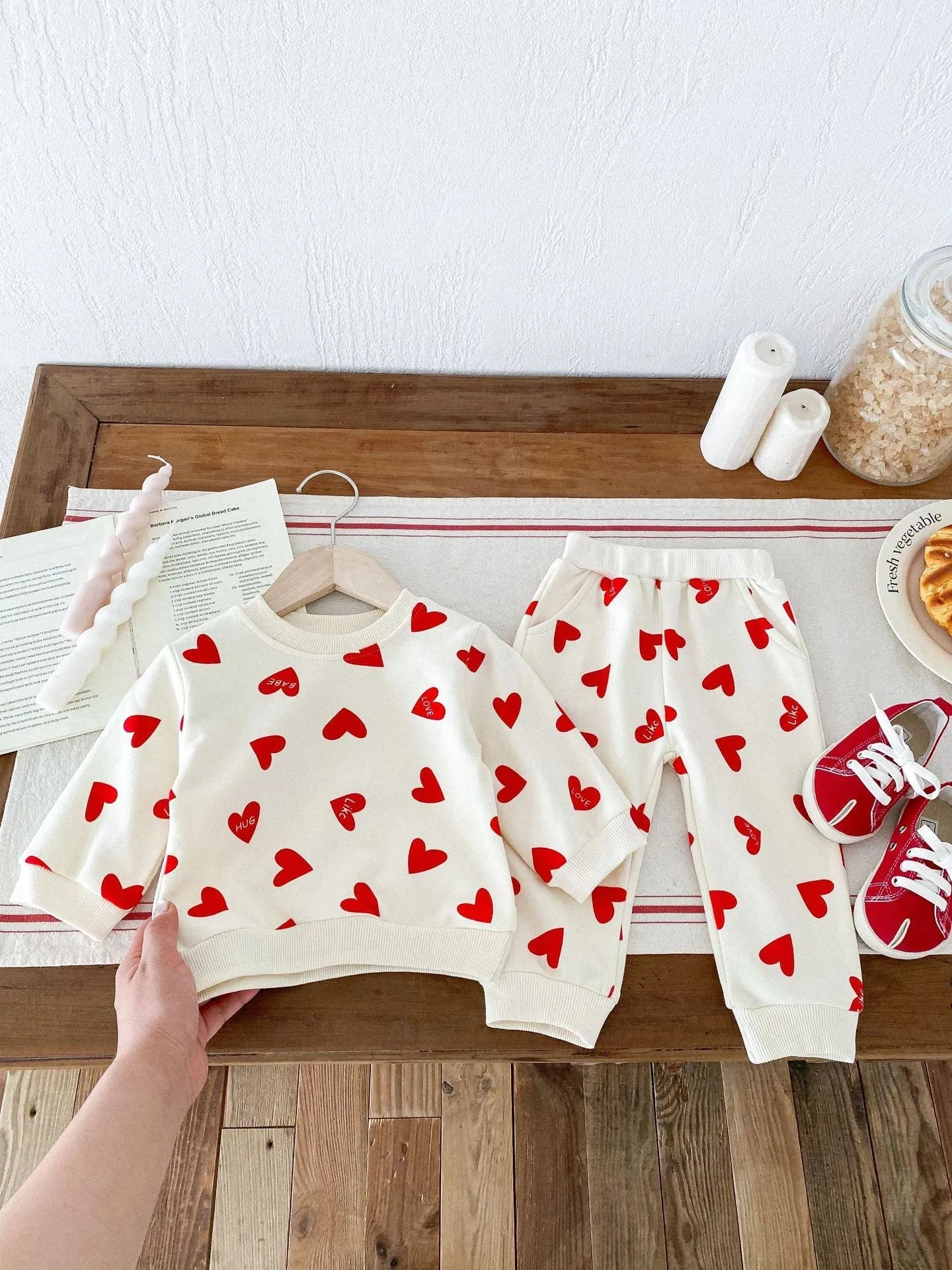 Baby cotton two-piece suit with coloured loving heart pattern in pullover style for 73-110cm