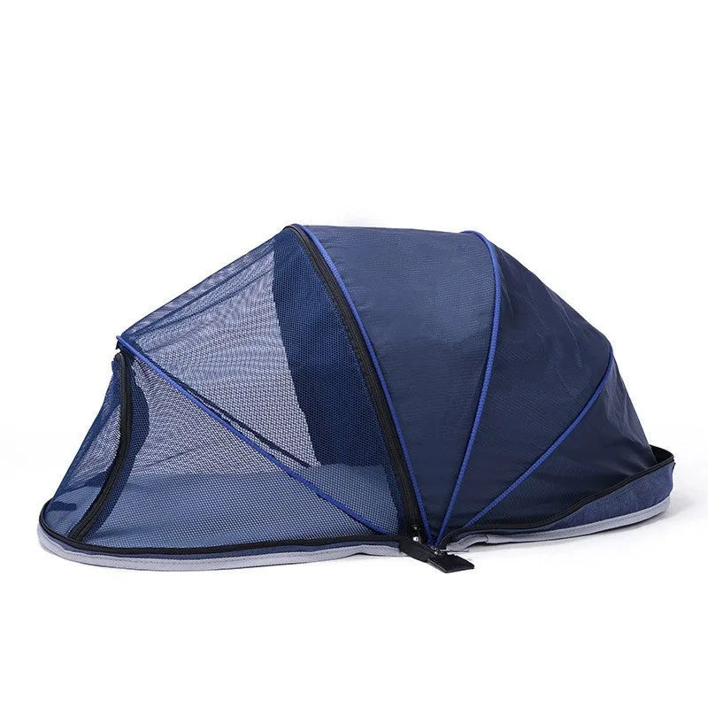 Folding pet tent for cats with half-mesh side panels, shown in blue colour