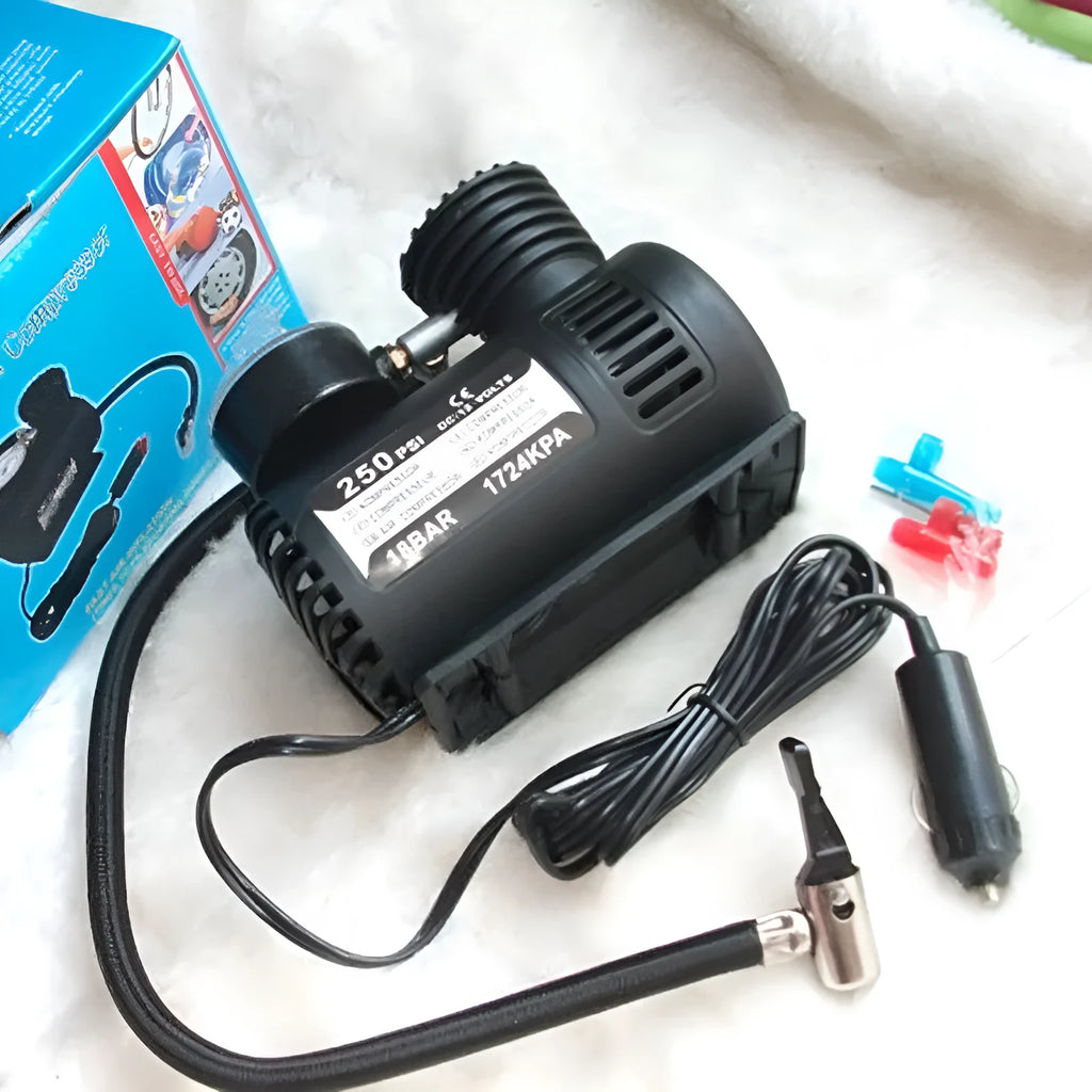 Black 12V mini car air pump with compact dimensions for tyre inflation