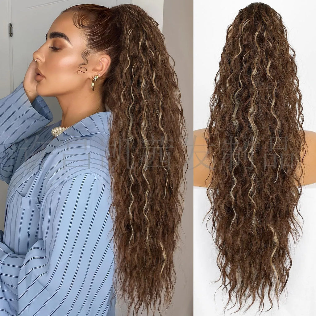 Long, fluffy curly synthetic ponytail wig in a high temperature fibre, shown in a 30-inch length.