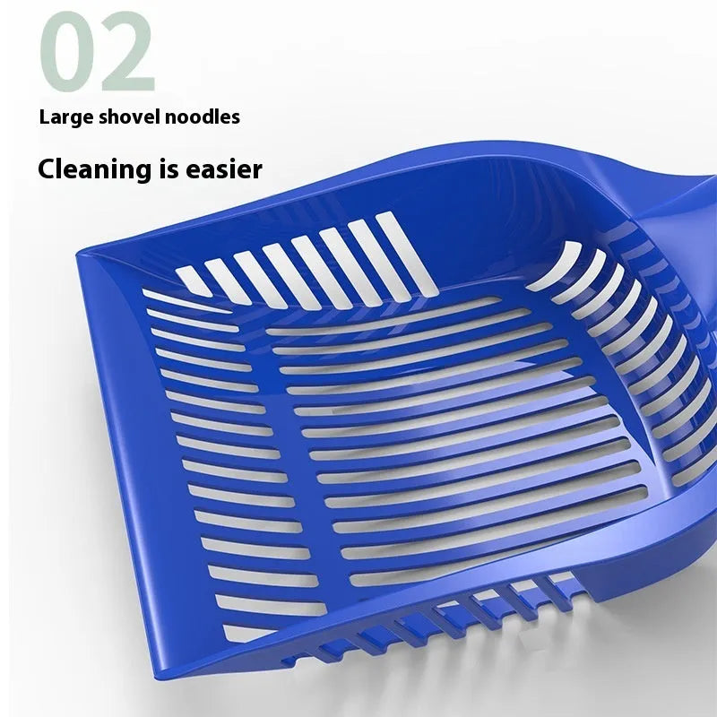 Red, yellow, and blue plastic cat litter scoops in small and medium sizes for pet waste cleaning.