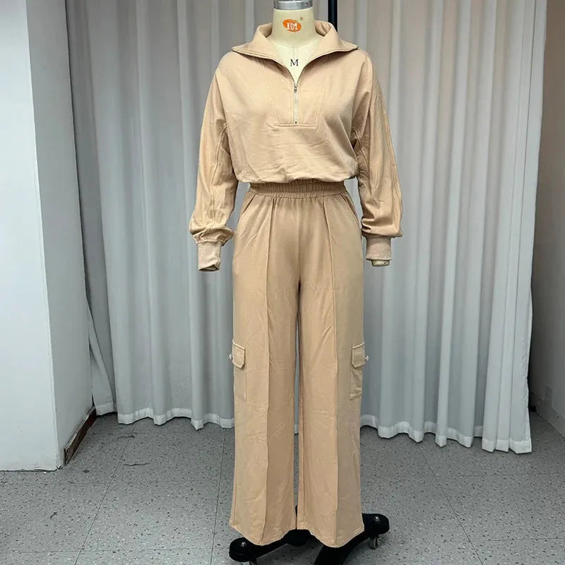 Women's light camel polyester lapel top and wide leg trouser two-piece work clothes set