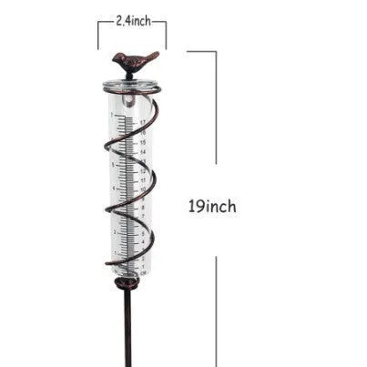 Bird-shaped garden rain gauge with glass measurement cylinder showing 0-800ml capacity and 1-20 scale