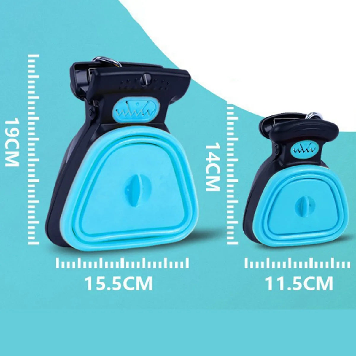 Portable pooper scooper with expandable waste container and integrated bag dispenser in blue colour