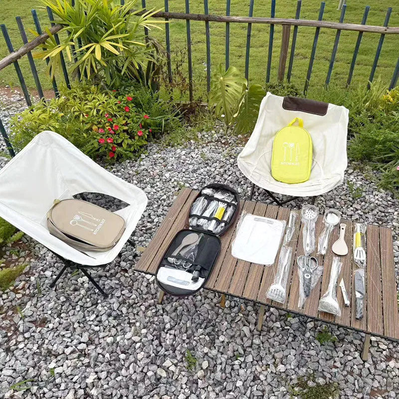 Multi-functional portable picnic bag containing a 12-piece stainless steel kitchenware set for outdoor dining.
