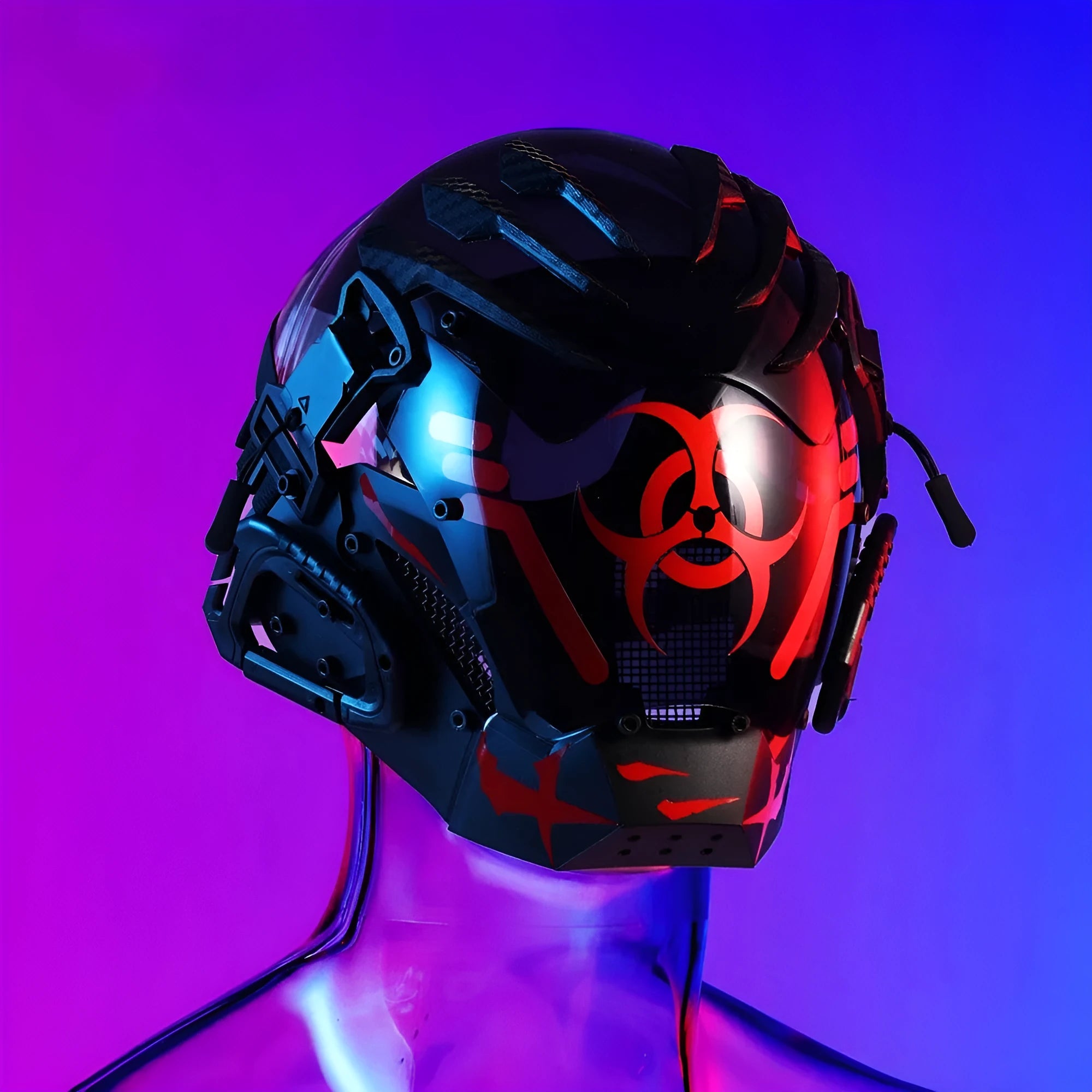 Black full face creative prop helmet mask for cosplay and costume parties, model CYBER04.