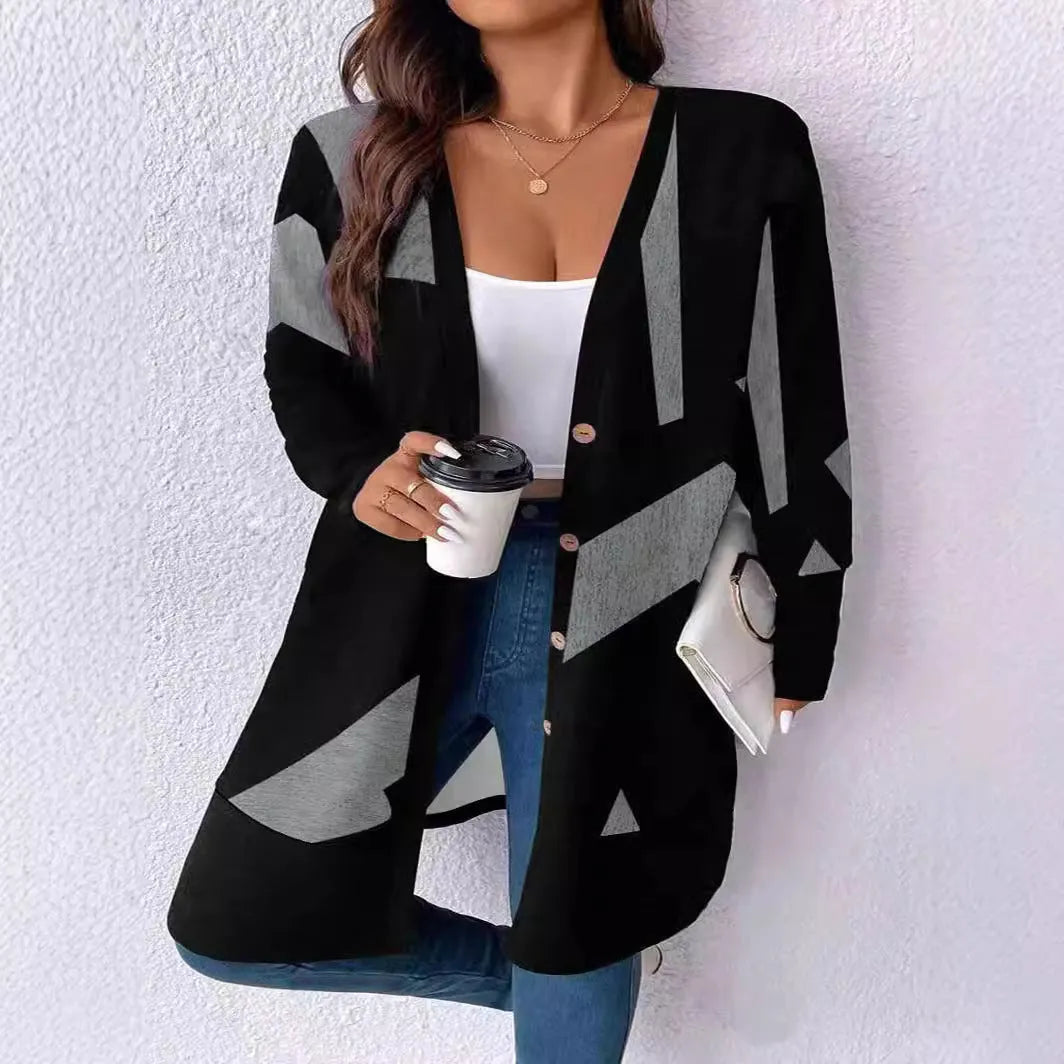 Black loose fit plus size cardigan coat with button stitching and regular sleeves