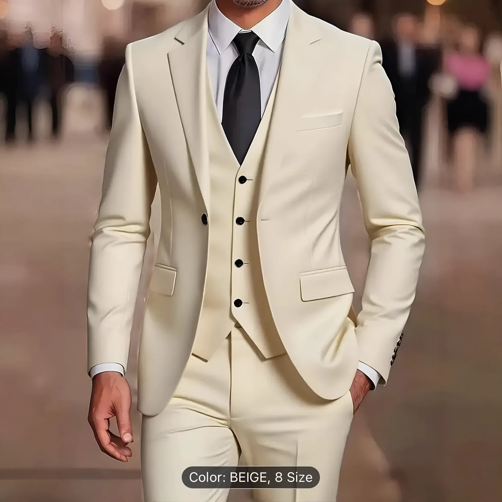 Men's three-piece suit set slim fit polyester formal wear in black, showing coat, vest, and trousers on a hanger