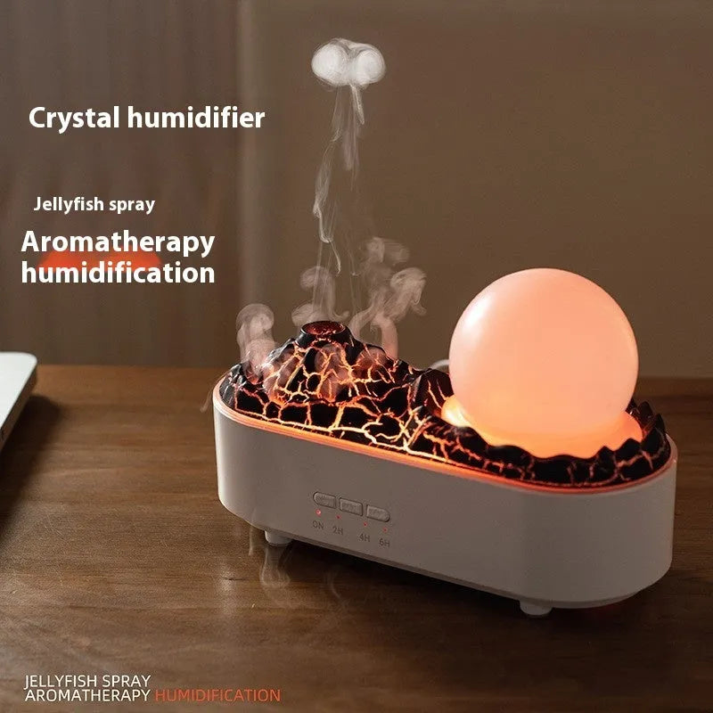 White volcano-shaped desktop humidifier with USB cable