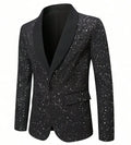 Men's black shiny polyester blazer with straight hem, long sleeves, regular fit, formalwear for weddings and banquets