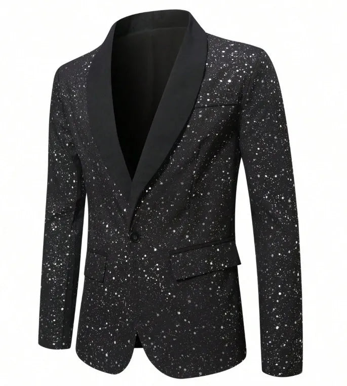 Men's black shiny polyester blazer with straight hem, long sleeves, regular fit, formalwear for weddings and banquets
