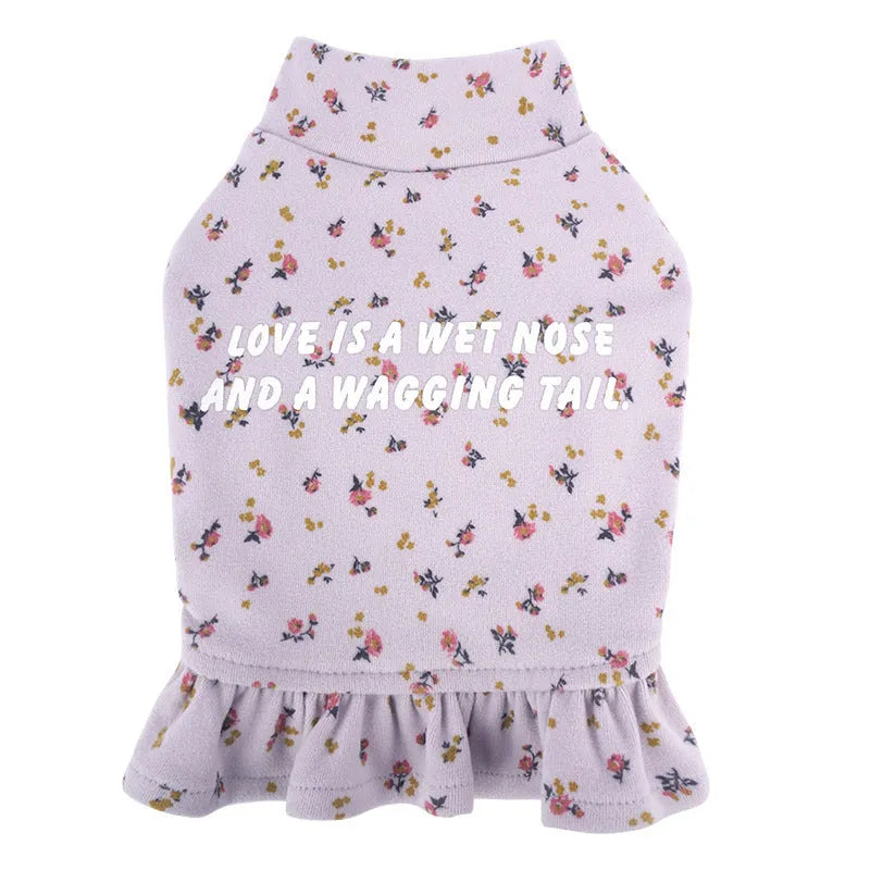 Apricot and light purple floral skirt and undershirt set for small dogs on a white background