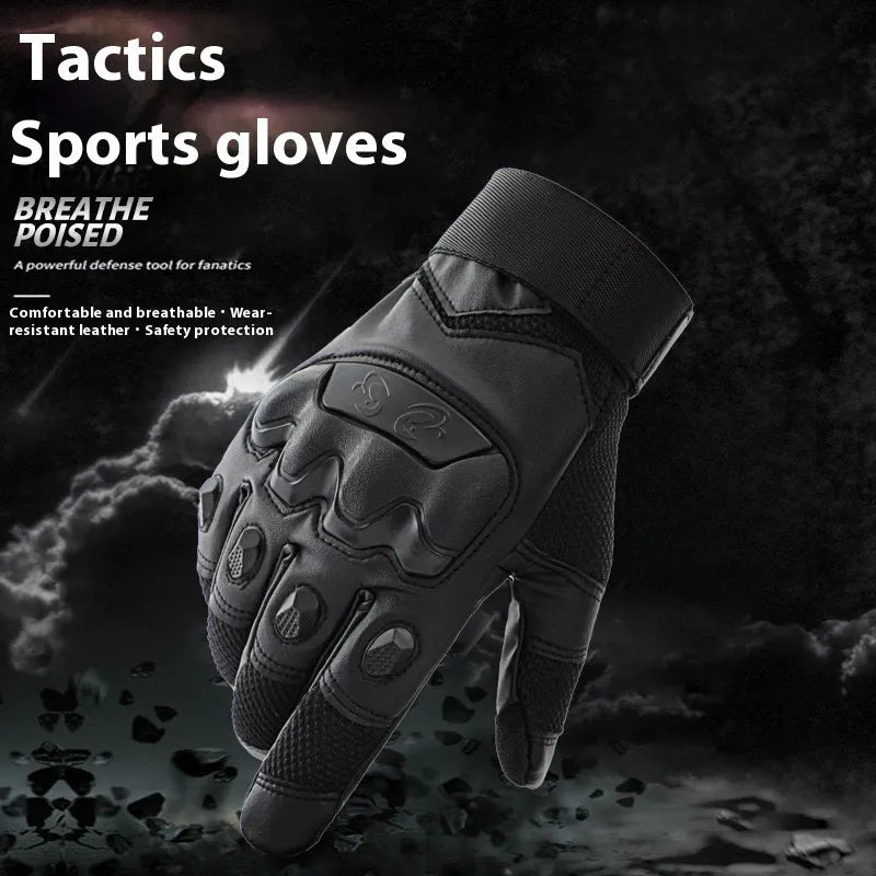 Men's black full finger tactical training gloves with touchscreen fingertips on a hand.