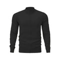 Men's solid colour cotton zipper cardigan with a stand collar shown in a loose fit.