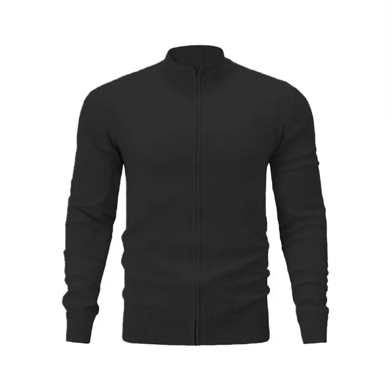 Men's solid colour cotton zipper cardigan with a stand collar shown in a loose fit.