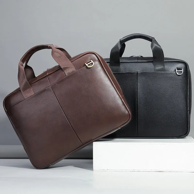 Genuine leather large capacity horizontal briefcase for men in black, first layer cowhide exterior with sewing line detailing
