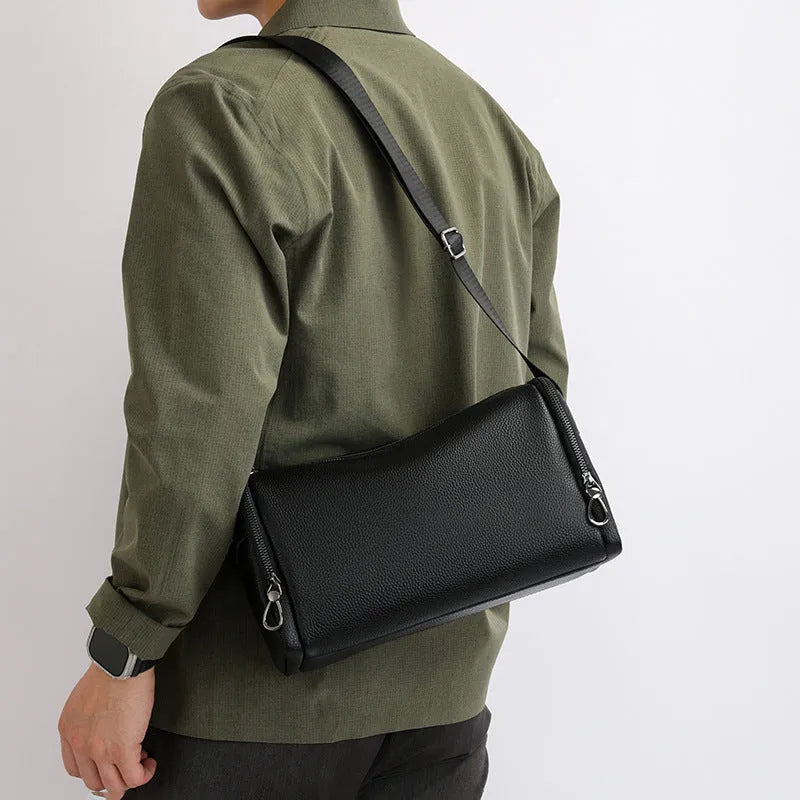 Genuine leather crossbody cowhide shoulder bag for men in brown colour with stitching detail