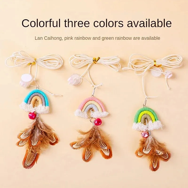 Cat door hanging toy with feather rope on elastic swing and sticky buckle clamp