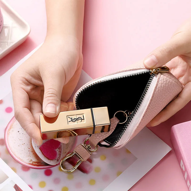 Minimalist black PU leather zipper key ring for car keys with waterproof protection