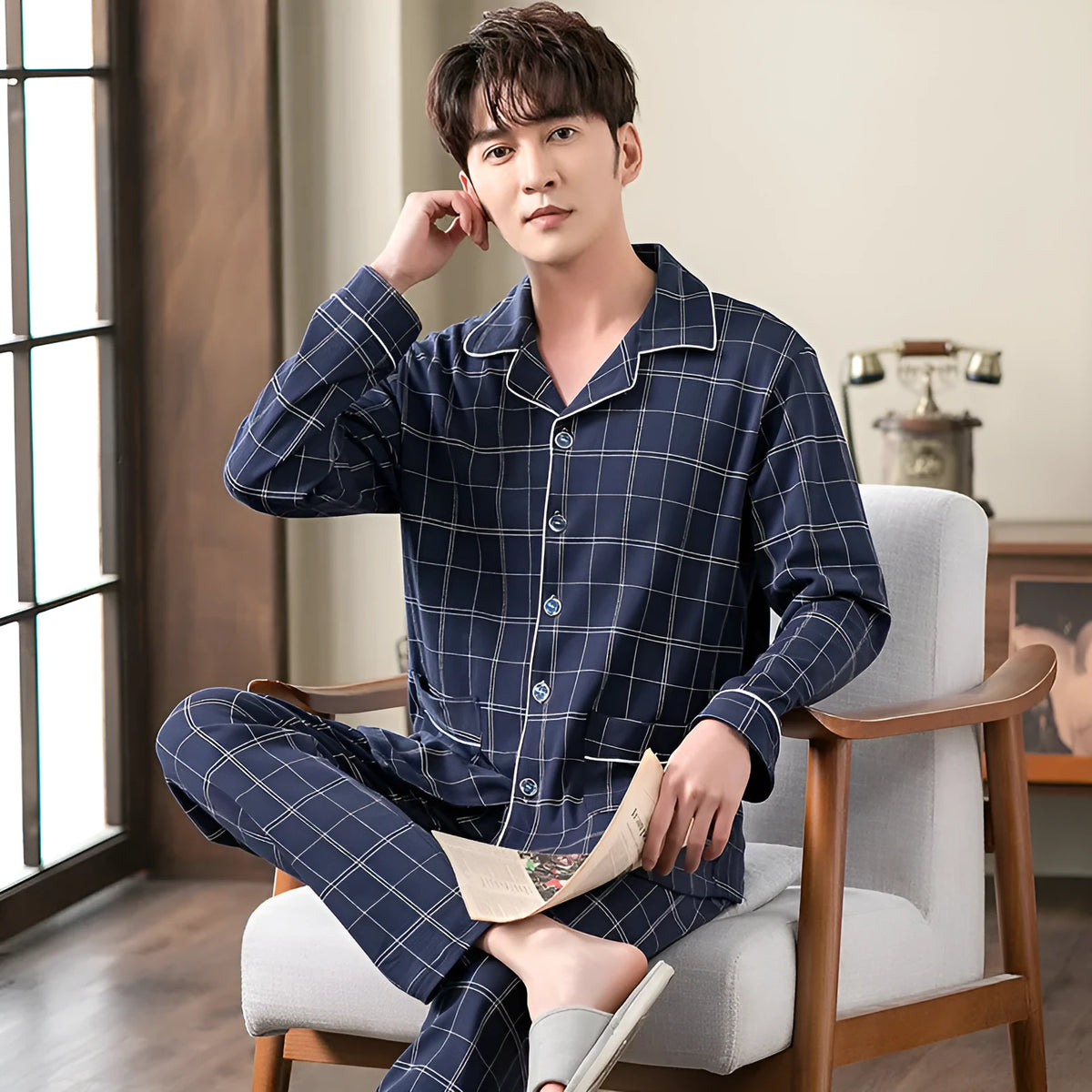 Cotton cardigan pajama set for middle-aged men, long sleeves, casual style, five colour options, sizes M to XXXXL