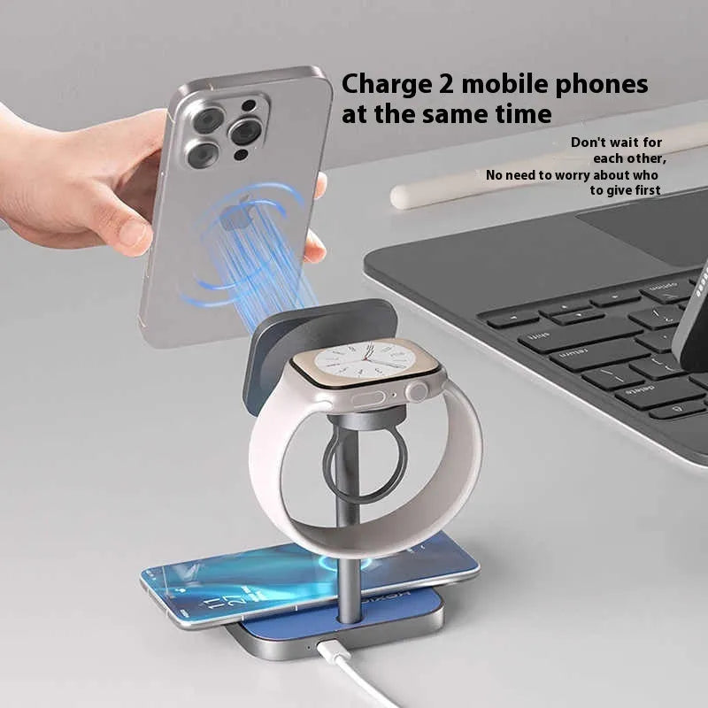Three-in-one basketball magnetic wireless charger with aluminium alloy body in black, red blue, and silver grey for iPhone, Apple Watch, and AirPods