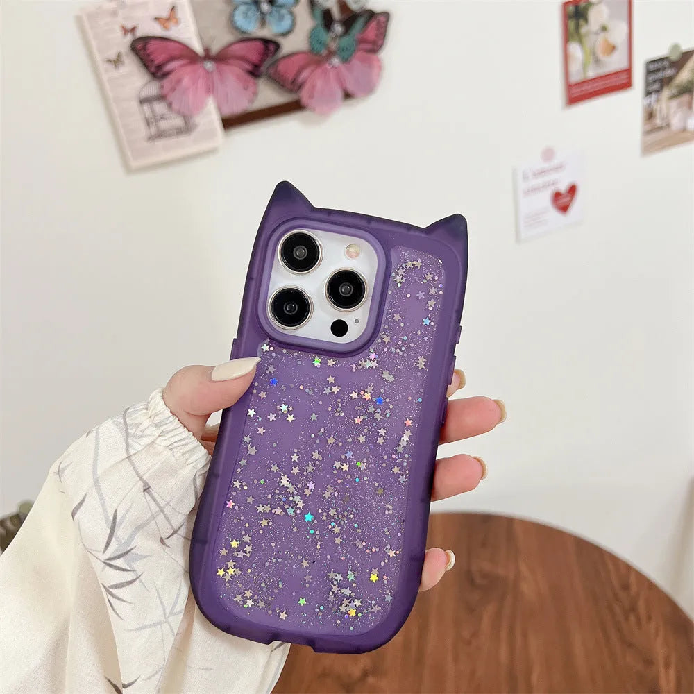 Three-dimensional cat ears epoxy glitter phone case for Apple iPhone in pink colour