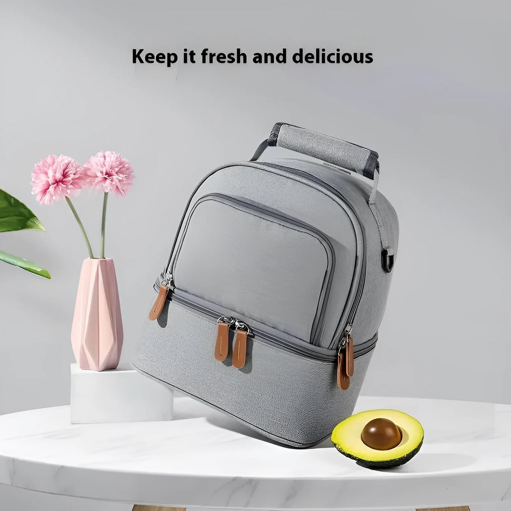 Grey Oxford cloth thermal insulation backpack with curved shoulder strap and polyester lining for home storage
