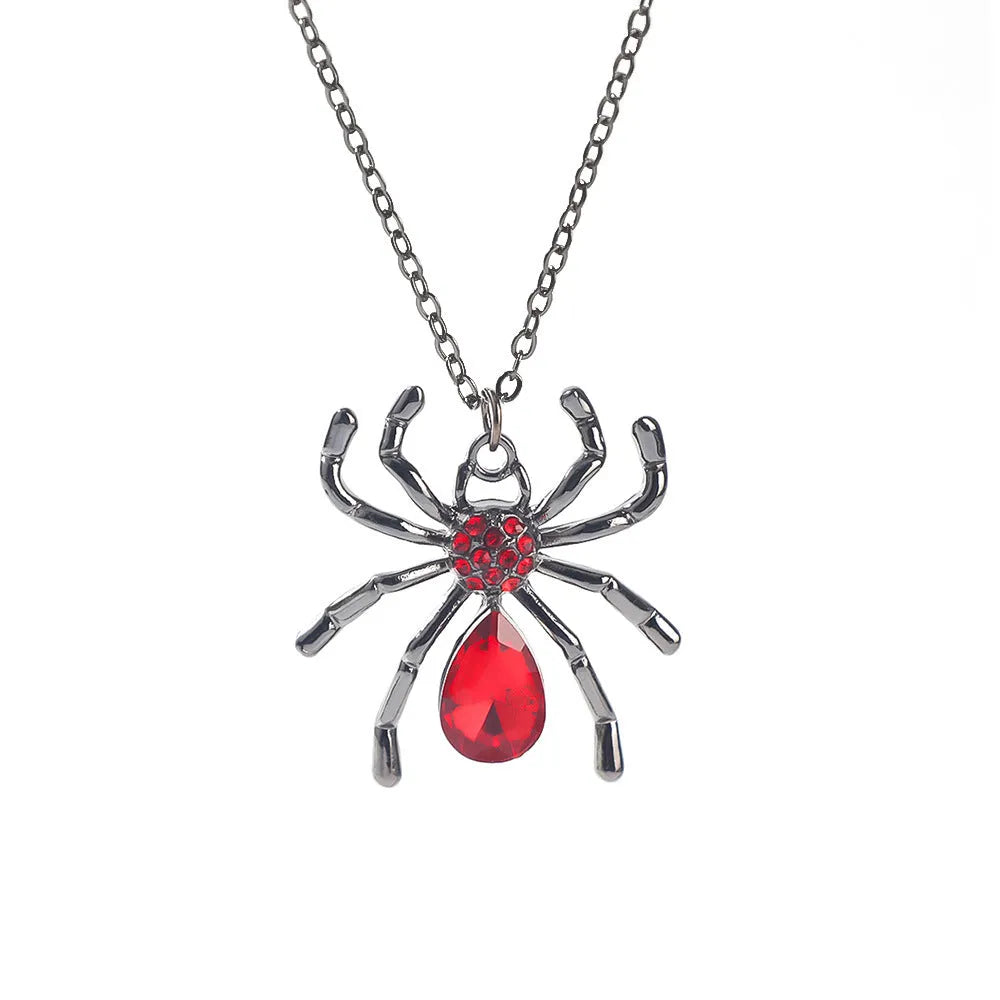 Dark Halloween necklace with bat and spider pendant designs on regular chain