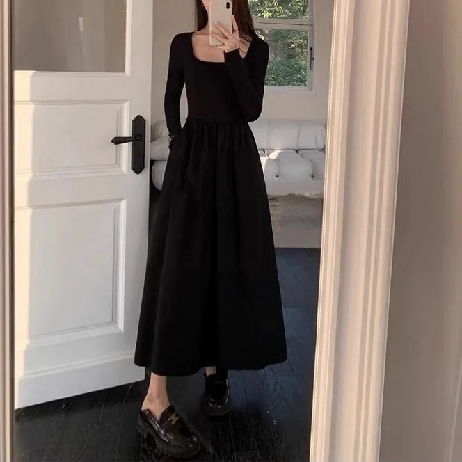 Women's black knitted square collar dress with long sleeves and an elastic waist A-line skirt