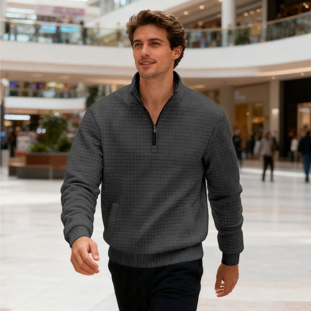 Men's stand-up collar long sleeve jacquard check sweatshirt in light gray, front view