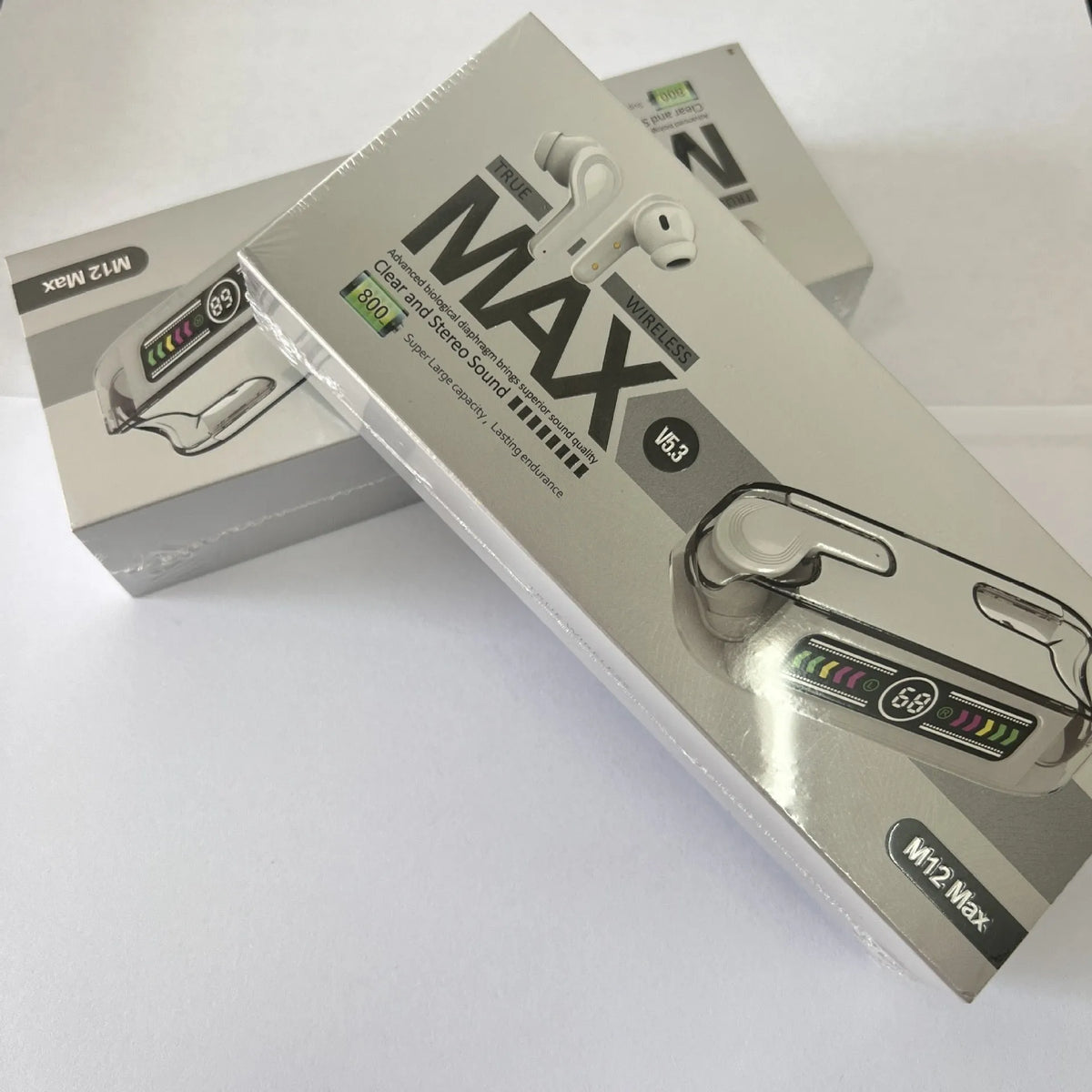 M12 MAX wireless Bluetooth in-ear headset with digital display, shown in black, white, orange red and green