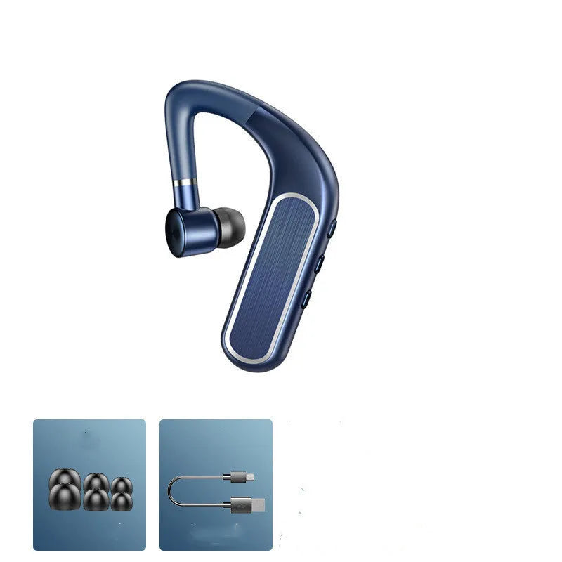 Black Bluetooth earphones with hanging ear design and a selection of silicone ear tips.