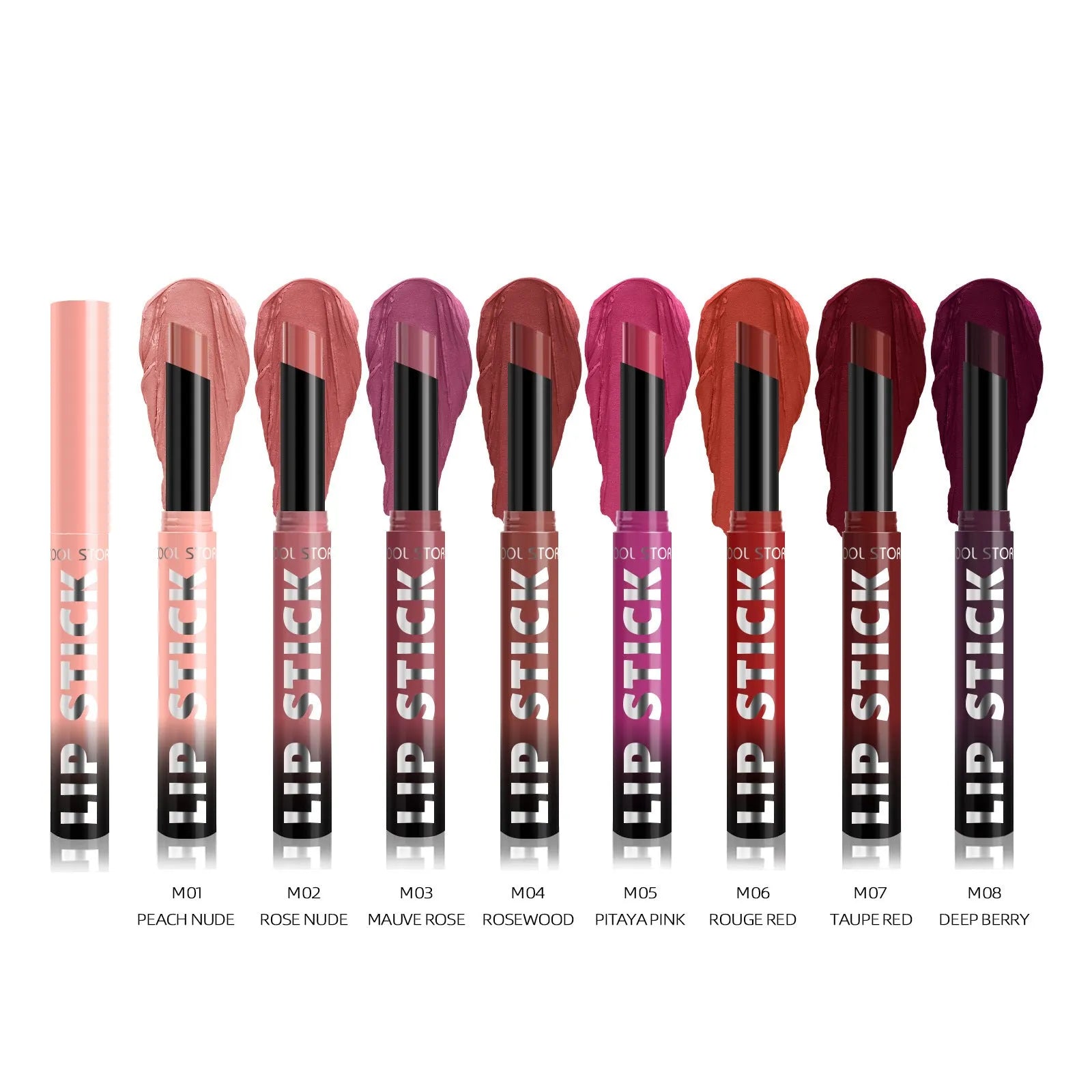 Dual-use lipstick and light gloss stick in a twist-up tube, shown in shade M01 Peach nude.