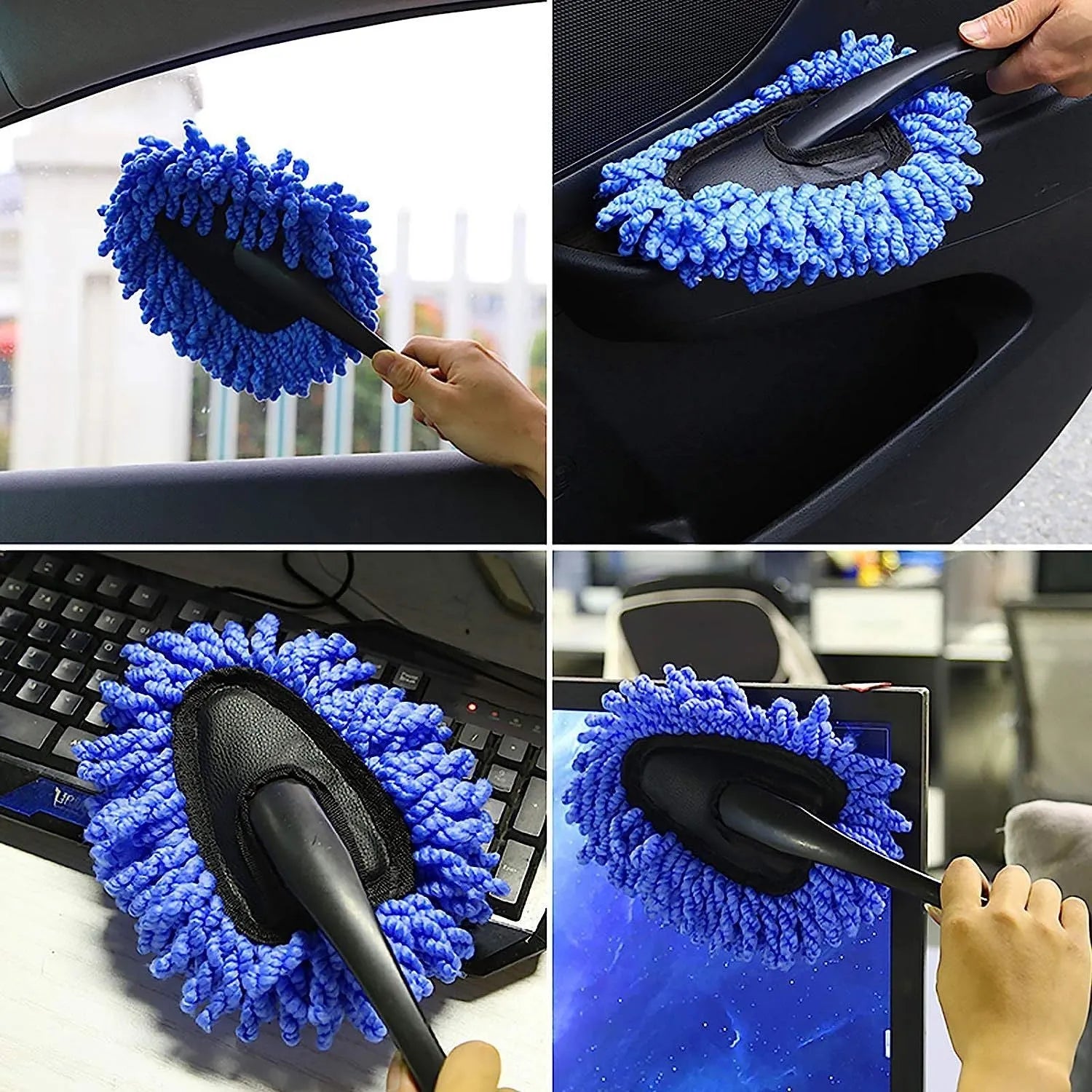 Car dust collector with retractable handle and 5-piece microfibre dusting brush set for vehicle interior cleaning