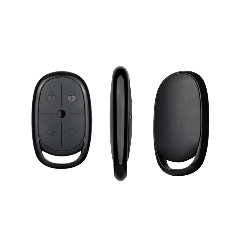 Black ABS plastic wireless car remote control key fob with buttons, shown next to a CR2032 battery.