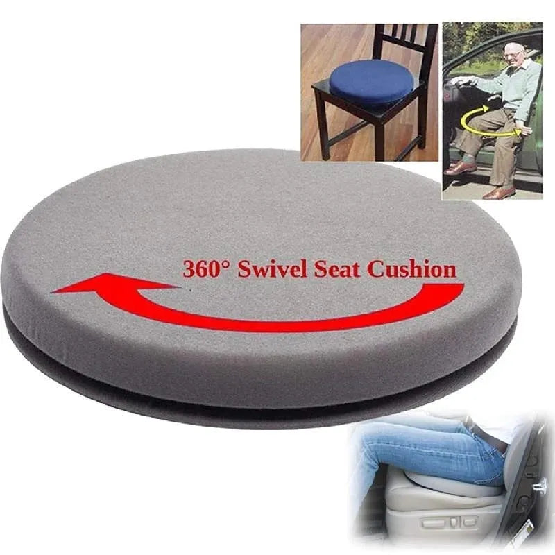 A grey 360-degree rotating car seat cushion on a car seat, showing its non-slip base and plush fabric cover.