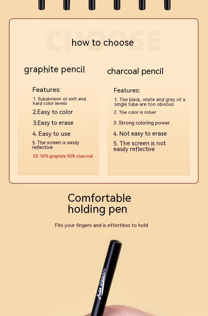Set of six wood-free graphite sketching pencils in grades HB, 2B, 4B, 6B, 8B, and EE.