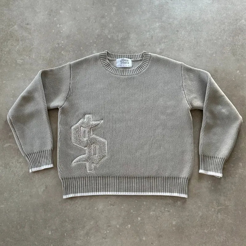 Grey jacquard patterned loose-fitting knitwear coat with long sleeves