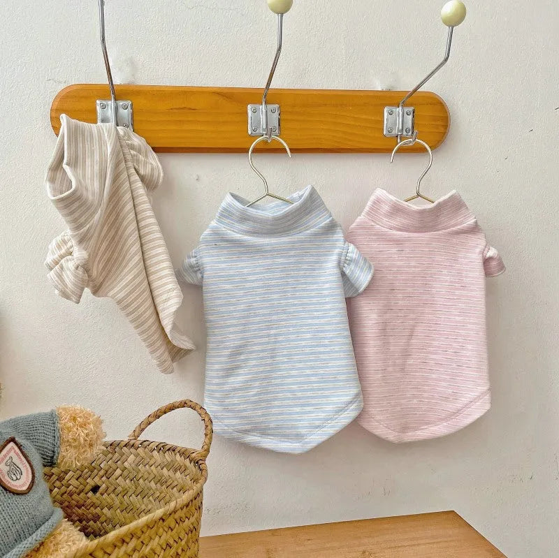 Striped turtleneck flounced sleeve pet clothes in coffee, polyester base layer shirt for dogs and cats