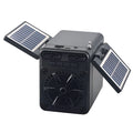 Black plastic solar emergency FM radio with USB charging port and built-in speaker, 10.5x11.5x9.5 cm